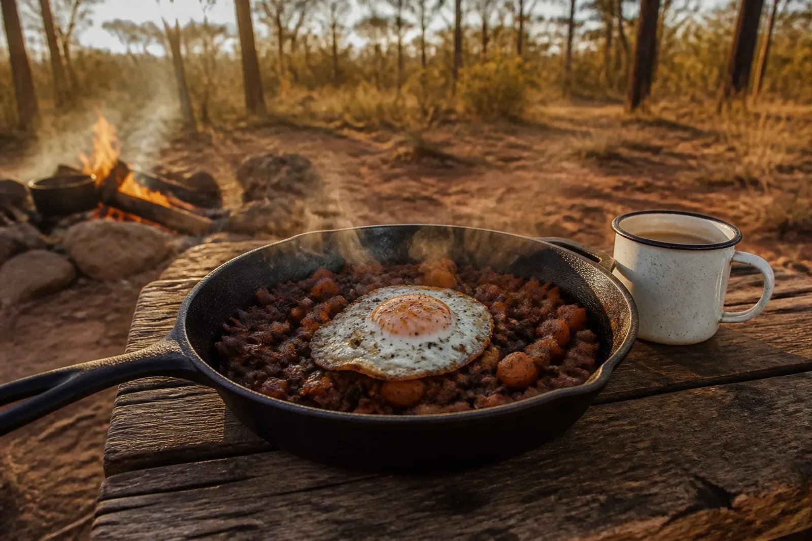 Cast-iron skillet of golden crispy beef mince and sweet potato hash topped with a fried egg, on a rustic wooden camp table with an enamel coffee mug, campfire and eucalyptus trees at golden hour in the Australian bush