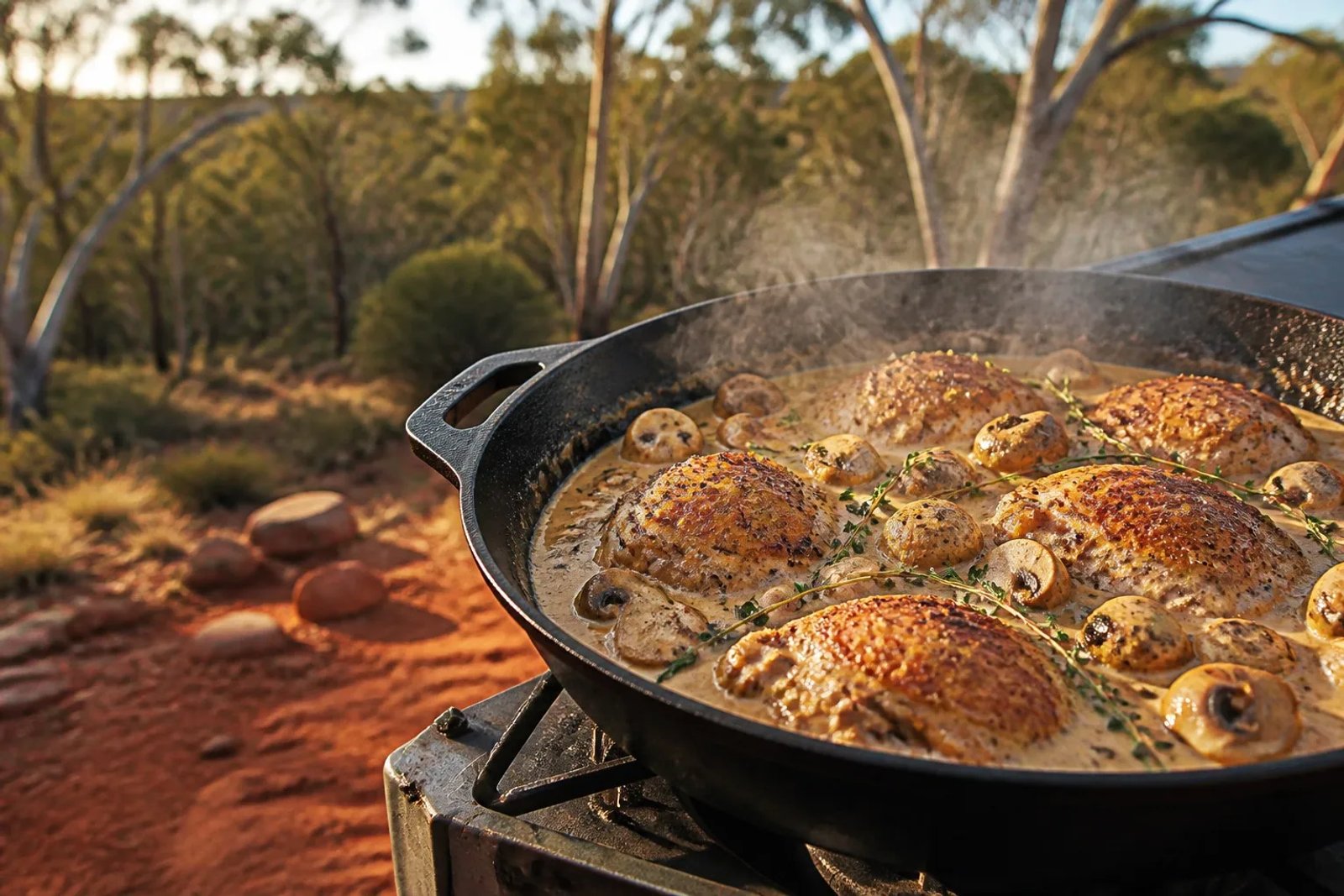 Cast-iron skillet of creamy chicken and mushroom braise in Dijon cream sauce at an Australian bush campsite, gum trees in soft-focus background