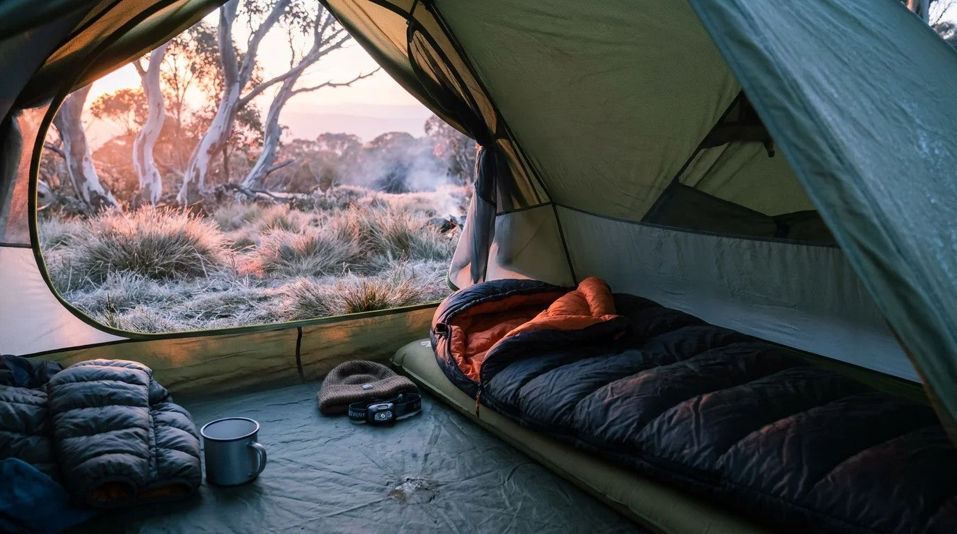 Inside a hiking tent at dawn in Australian high country: navy mummy sleeping bag with orange thermal lining on a self-inflating mat beside a beanie, head torch, puffer jacket and tin mug. Frost on tussock grass and snow gums in pink first light.
