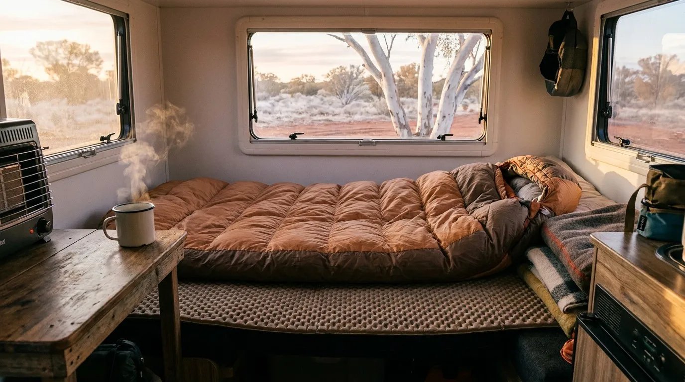 A cozy winter camping setup inside an off-road caravan at dawn featuring an insulated sleeping mat and down bag.