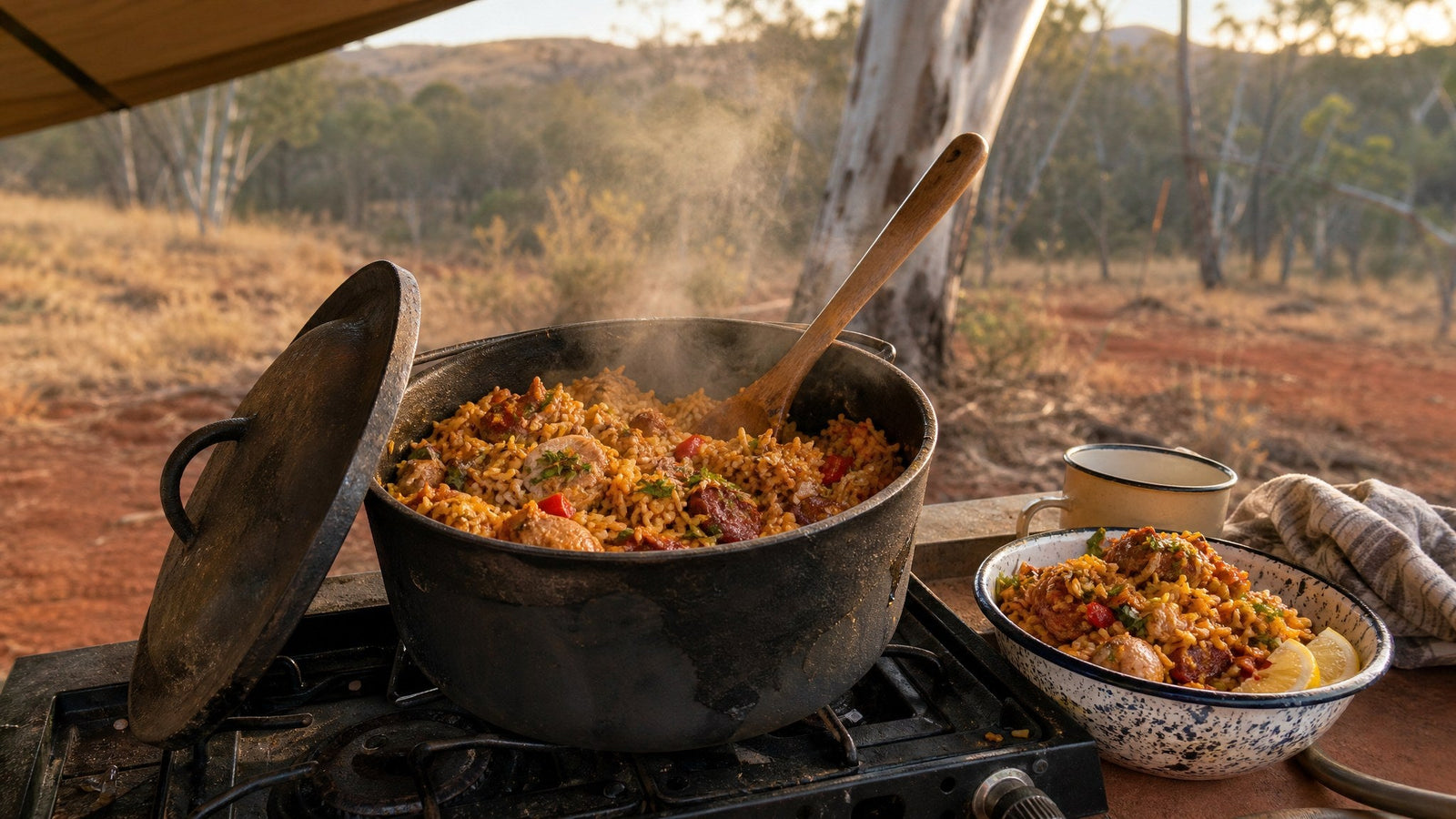 A steaming blackened camp pot of smoky chicken and chorizo rice on a two-burner gas stove, an enamel bowl of rice with a lemon wedge beside it, red dirt and eucalypts behind at golden hour.