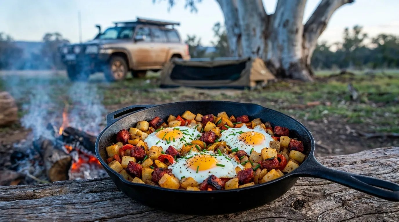A cast-iron skillet filled with chorizo, potatoes, and fried eggs resting near a campfire at dawn in the outback.