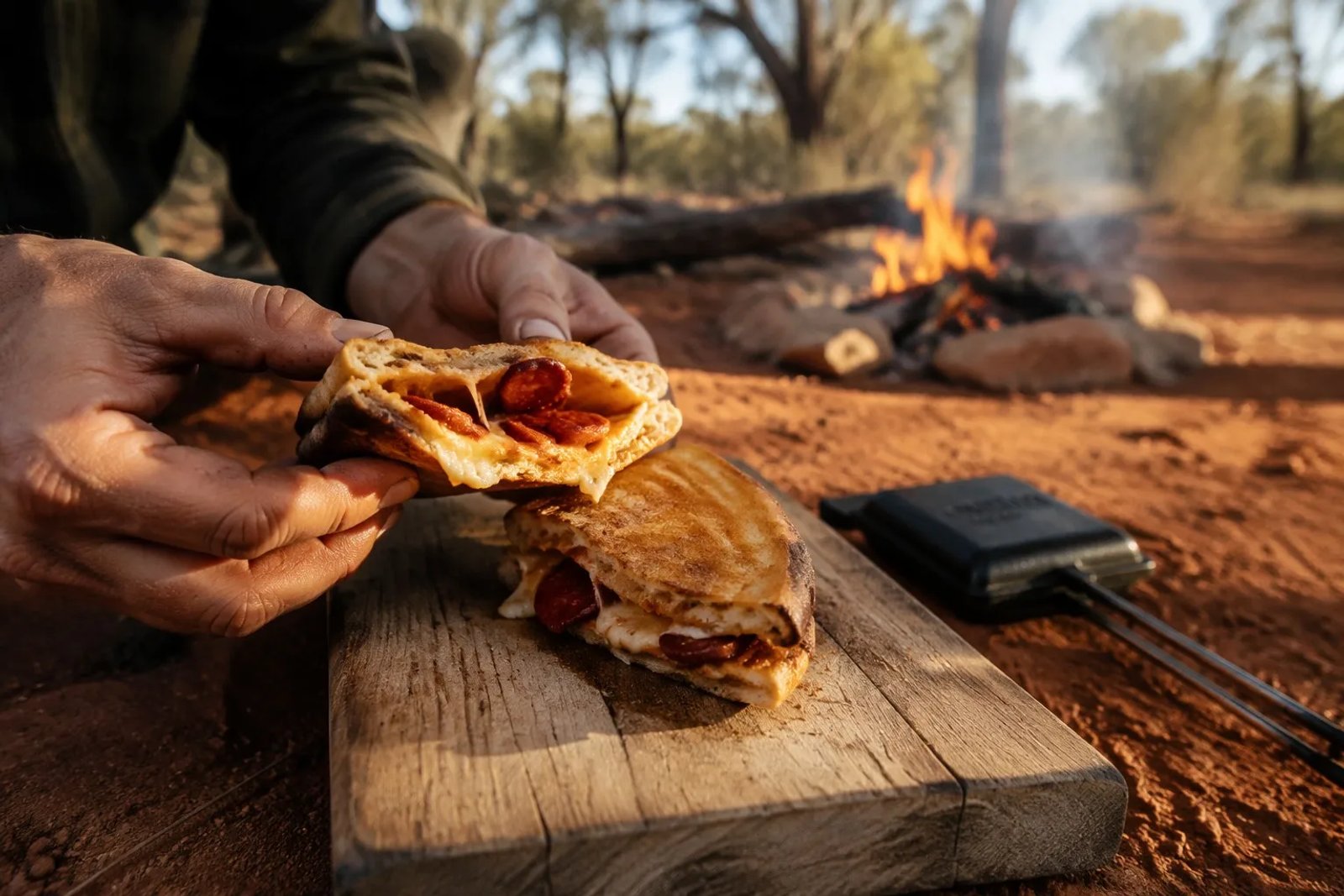 Two golden-brown toasted chorizo and halloumi jaffles being opened on a wooden board at a campsite, with a cast-iron jaffle iron and a glowing campfire in the background.