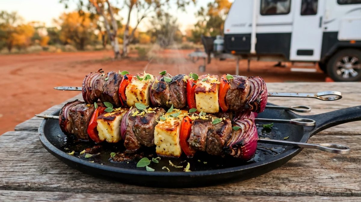 Close-up of smoky lamb and halloumi skewers in a black cast-iron skillet at an outback campsite at golden hour.