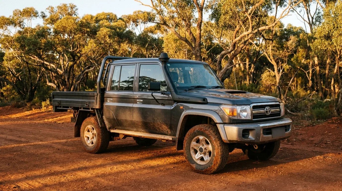 A rugged dark grey Toyota 79 Series LandCruiser parked on an outback red-dirt track at sunset, showing a black raised air-intake snorkel cleanly mounted on the driver's side A-pillar with eucalypt trees in the background