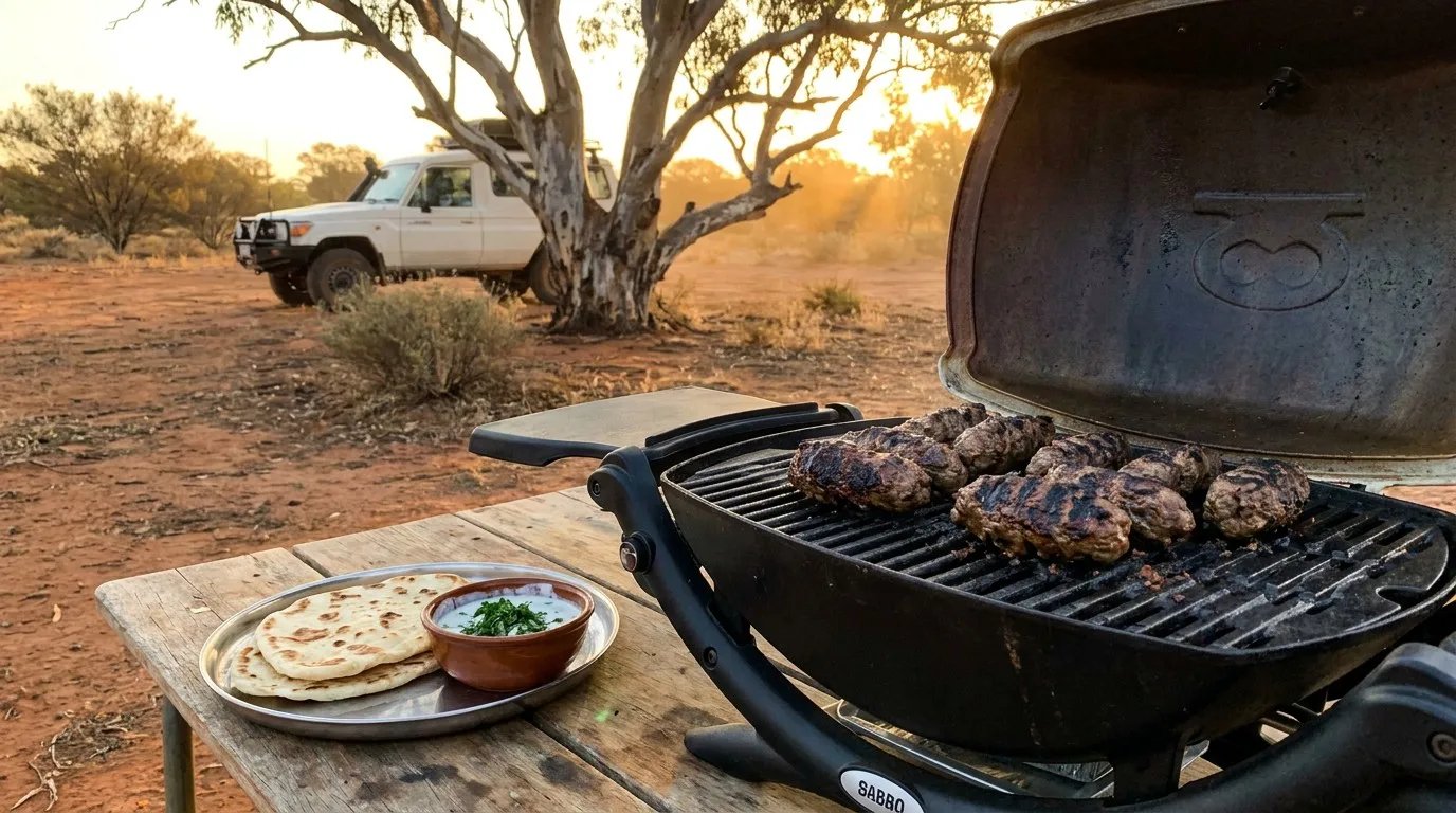 Spiced lamb koftas on a portable gas BBQ grill at a golden hour outback campsite.