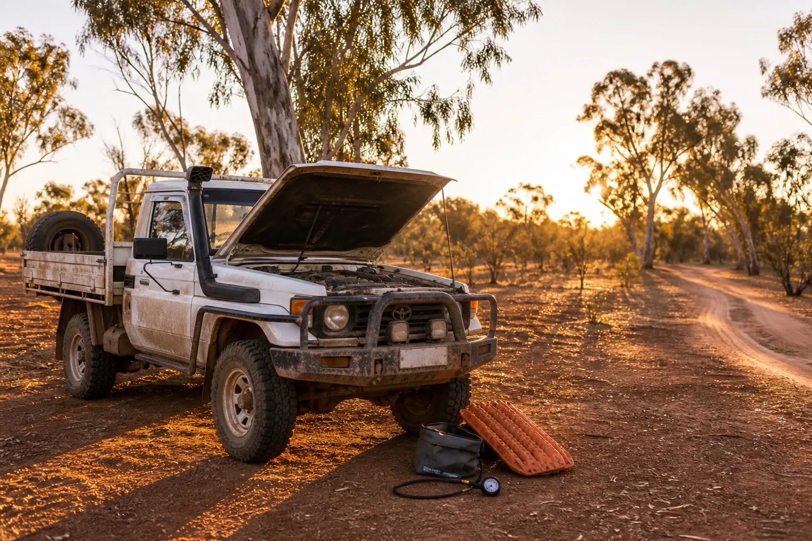 Dusty white 79 Series LandCruiser ute with bonnet open, snorkel and bull bar, orange traction boards and a tyre pressure gauge on the ground beside it, eucalyptus trees and a dirt track at golden hour in the Australian bush
