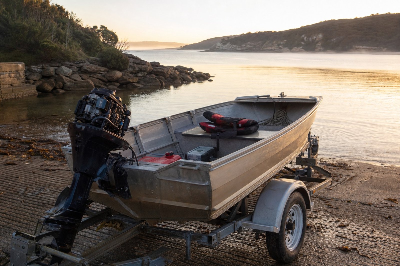 Aluminium tinny boat on a galvanised trailer at a coastal boat ramp in golden morning light, outboard motor cover off, life jackets, tackle box and fuel tank on board, light mist over calm water