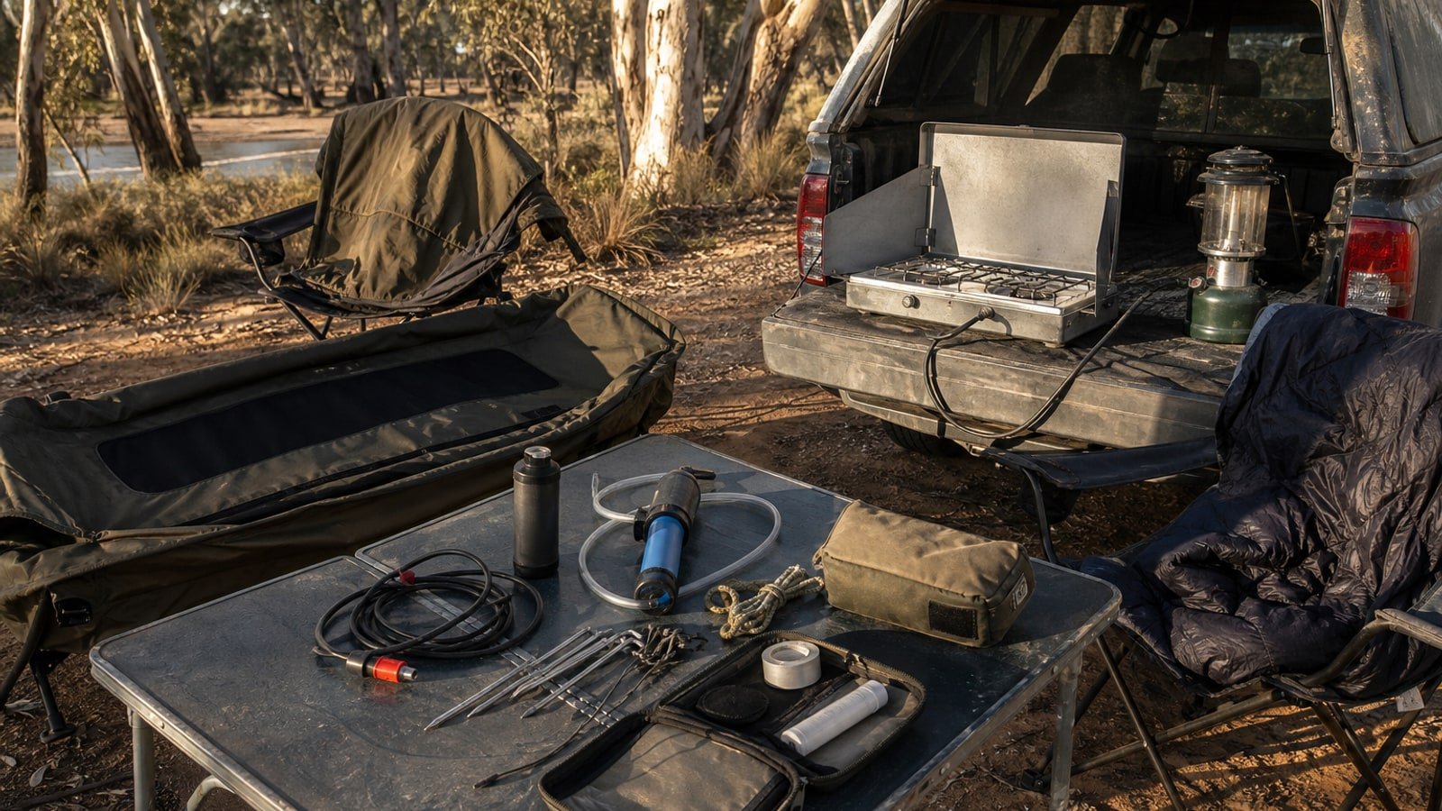Camping gear laid out for a pre-season service on a fold-out table and an open ute tailgate in dry eucalypt woodland at golden hour, including an unrolled canvas swag, a stove with gas hose, a lantern, pegs and a repair pouch.