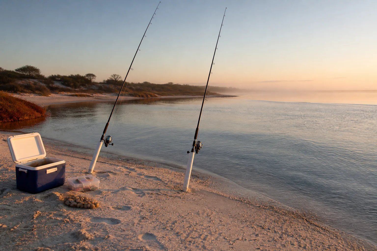 Two light spin rods in sand spikes on a calm South Australian gulf sandbank at dawn, tackle box and esky nearby, shallow gutters and clear water, low coastal scrub on the horizon