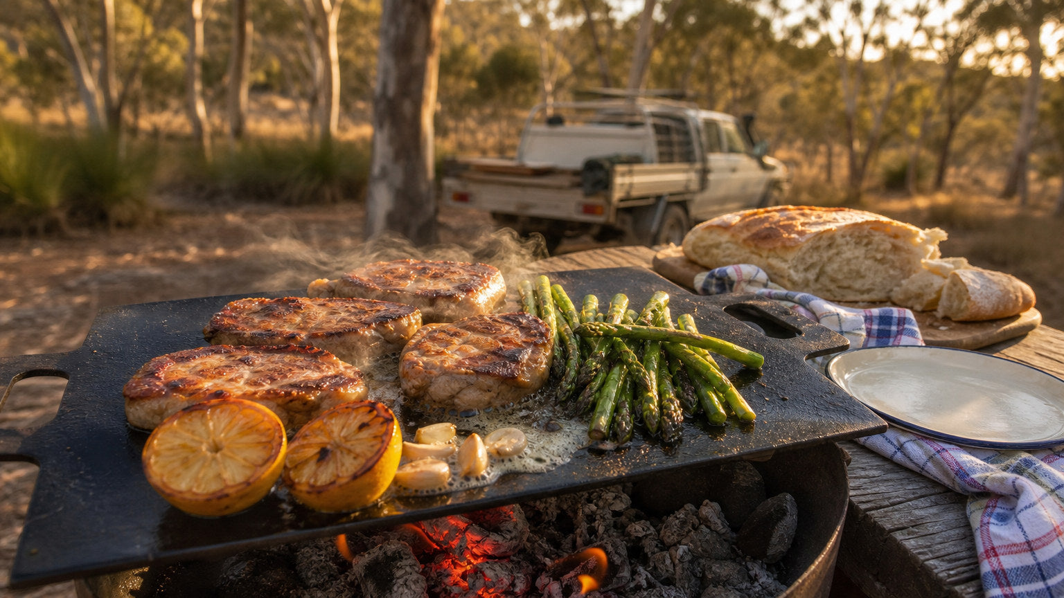 Golden pork cutlets and blistered spring asparagus on a flat camp hotplate over coals, with caramelised lemon halves, garlic and torn crusty bread on a timber table, eucalypts and a ute in the warm background