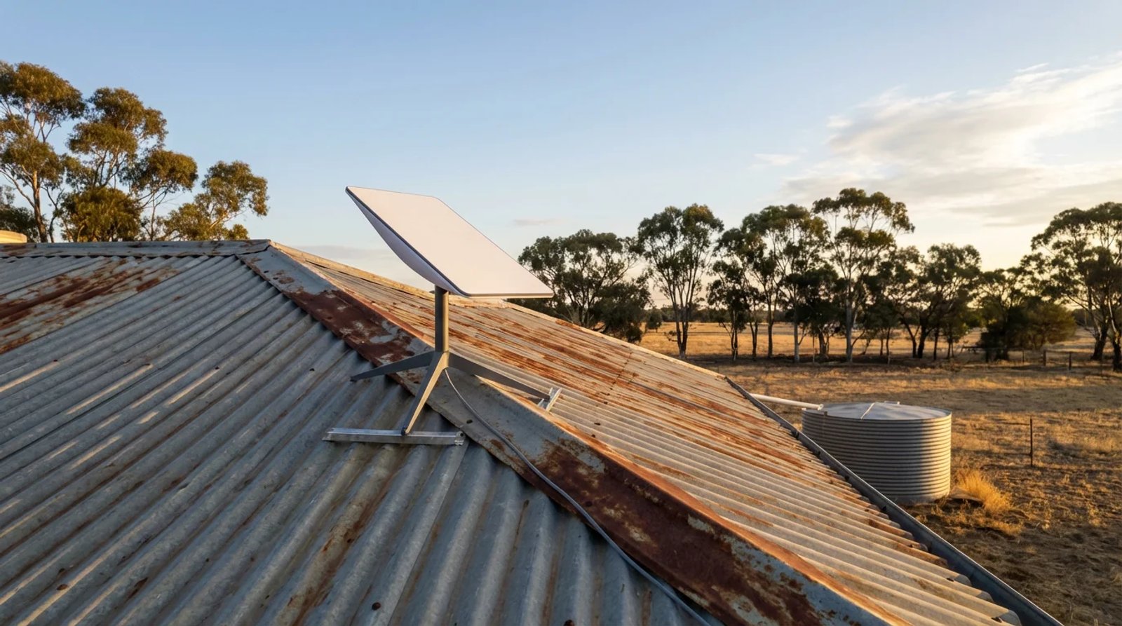 Starlink Standard Gen 3 dish mounted on the corrugated metal roof of an Australian rural homestead at golden hour