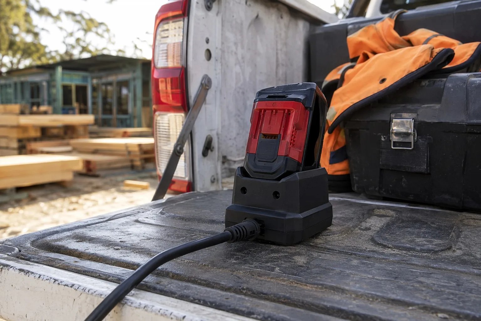 Professional 18V power tool battery connected to Starlink Mini on a Hilux tailgate