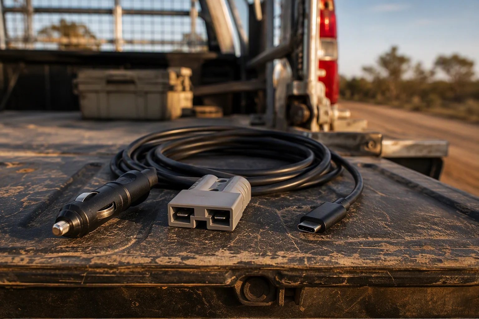 Close-up of three unbranded DC power connector plugs on the scratched tailgate of an Australian work ute at golden hour: a cigarette-lighter plug, a grey Anderson-style plug and a USB-C plug with a coiled cable.