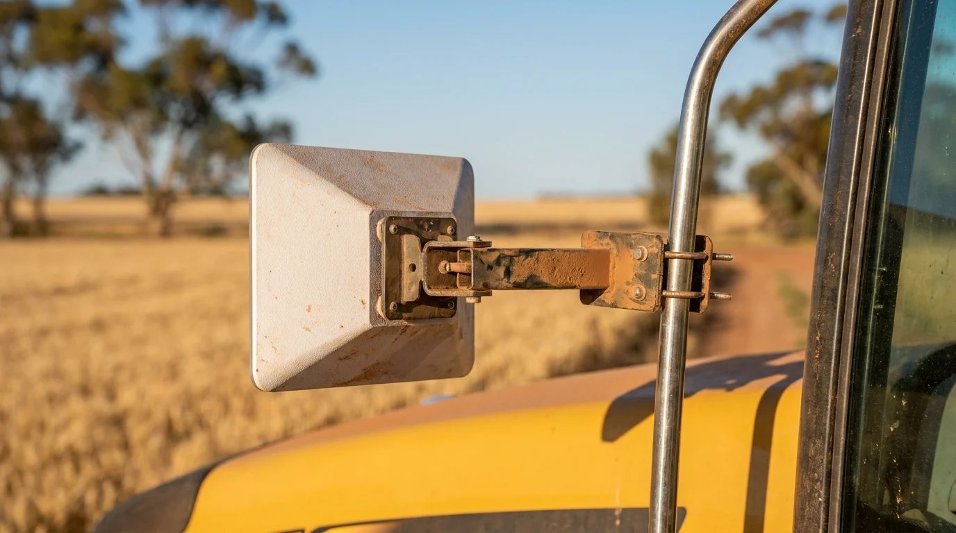 A rugged Starlink Mini Agricultural Mount (25-32mm rail) clamped securely to a stainless steel vertical cabin rail of a heavy-duty yellow tractor in a dusty Australian paddock.