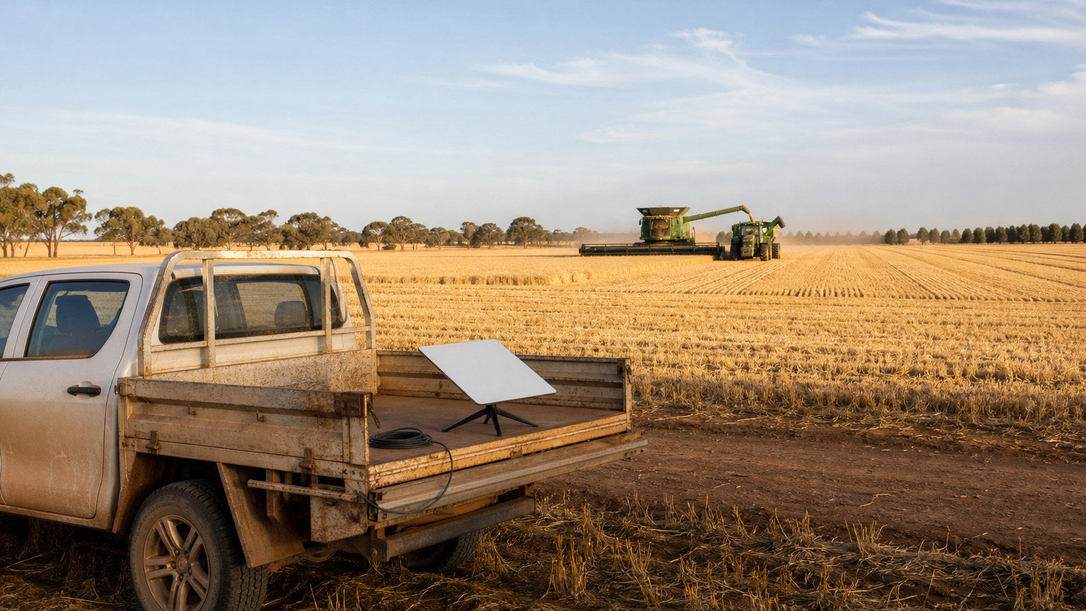 Dusty white ute at the edge of a golden wheat paddock during harvest, a Starlink Mini on a tripod on the tray, green header cutting crop in the distance
