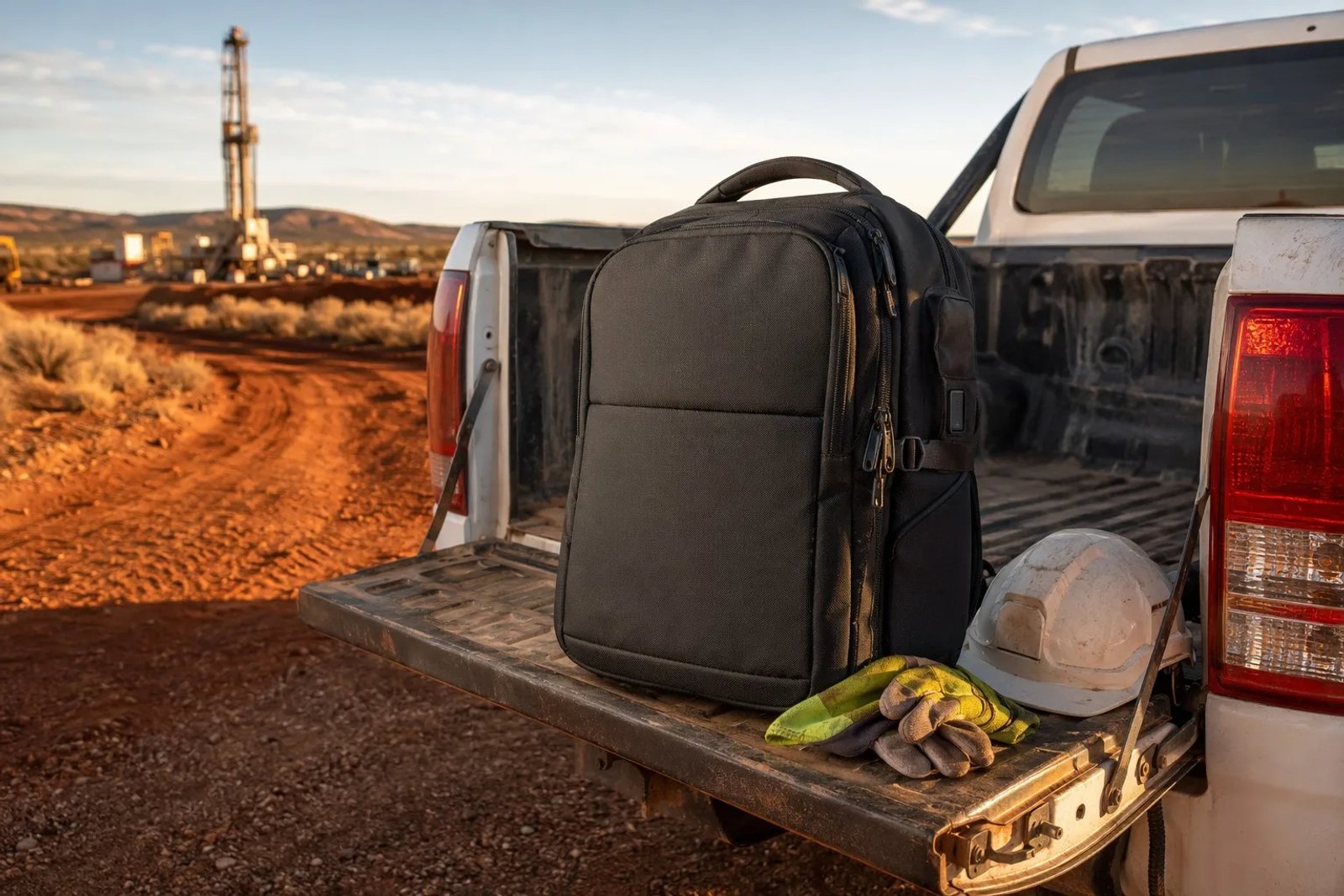 Professional black Starlink Mini Travel Backpack on a Hilux ute tray at an outback mine site