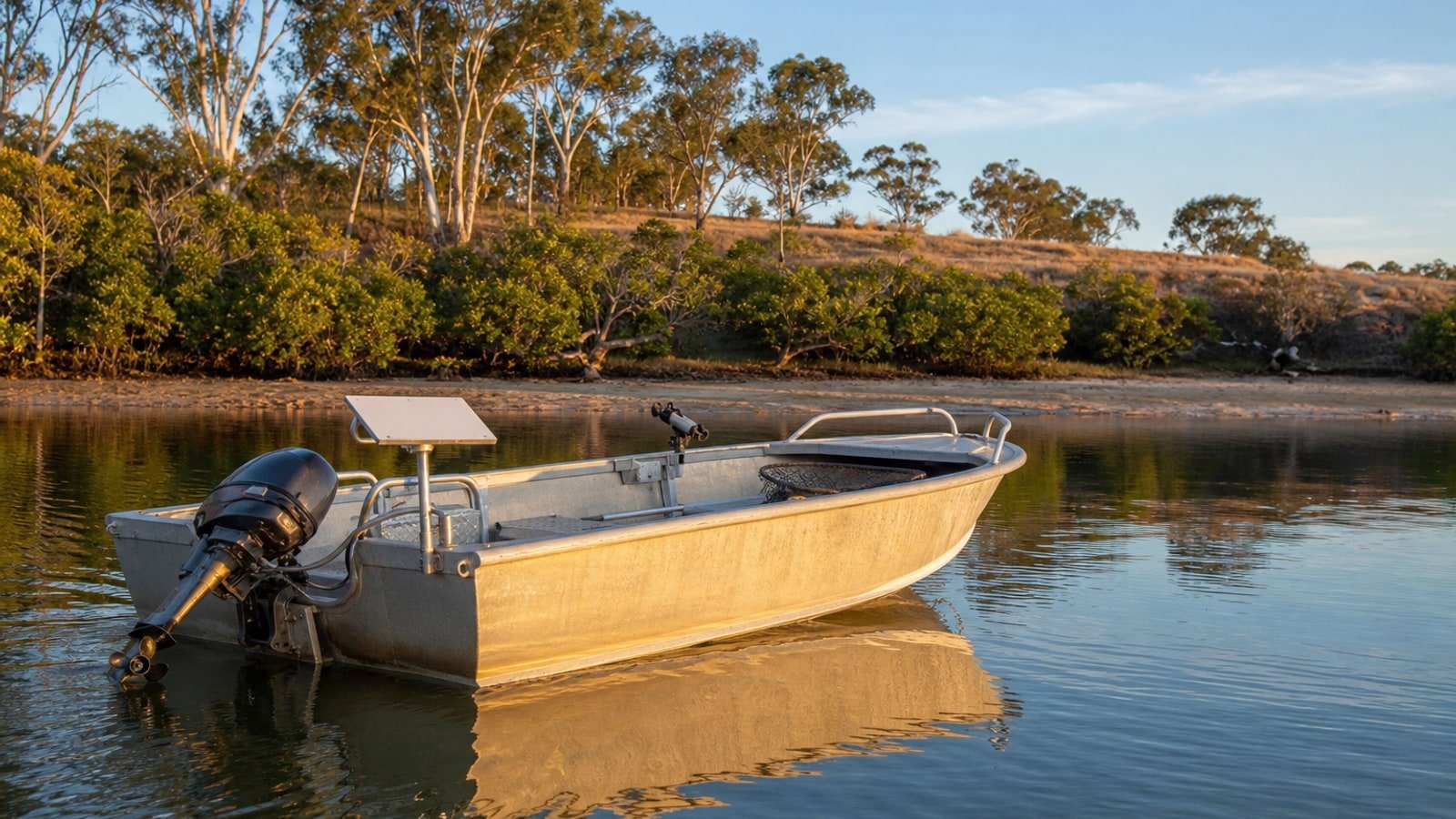 A small aluminium boat moored on an Australian tidal creek with a Starlink Mini dish clamped to a stainless rail at the stern, golden-hour light across the mangroves