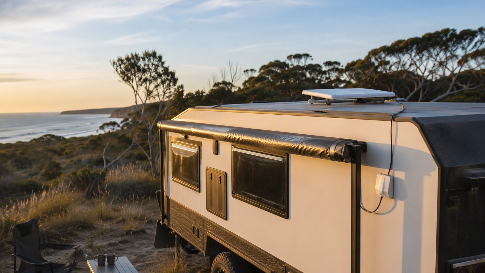 A compact flat satellite dish mounted on the roof of an off-road caravan at an Australian coastal camp, cable running to a weatherproof outlet on the van wall in golden-hour light