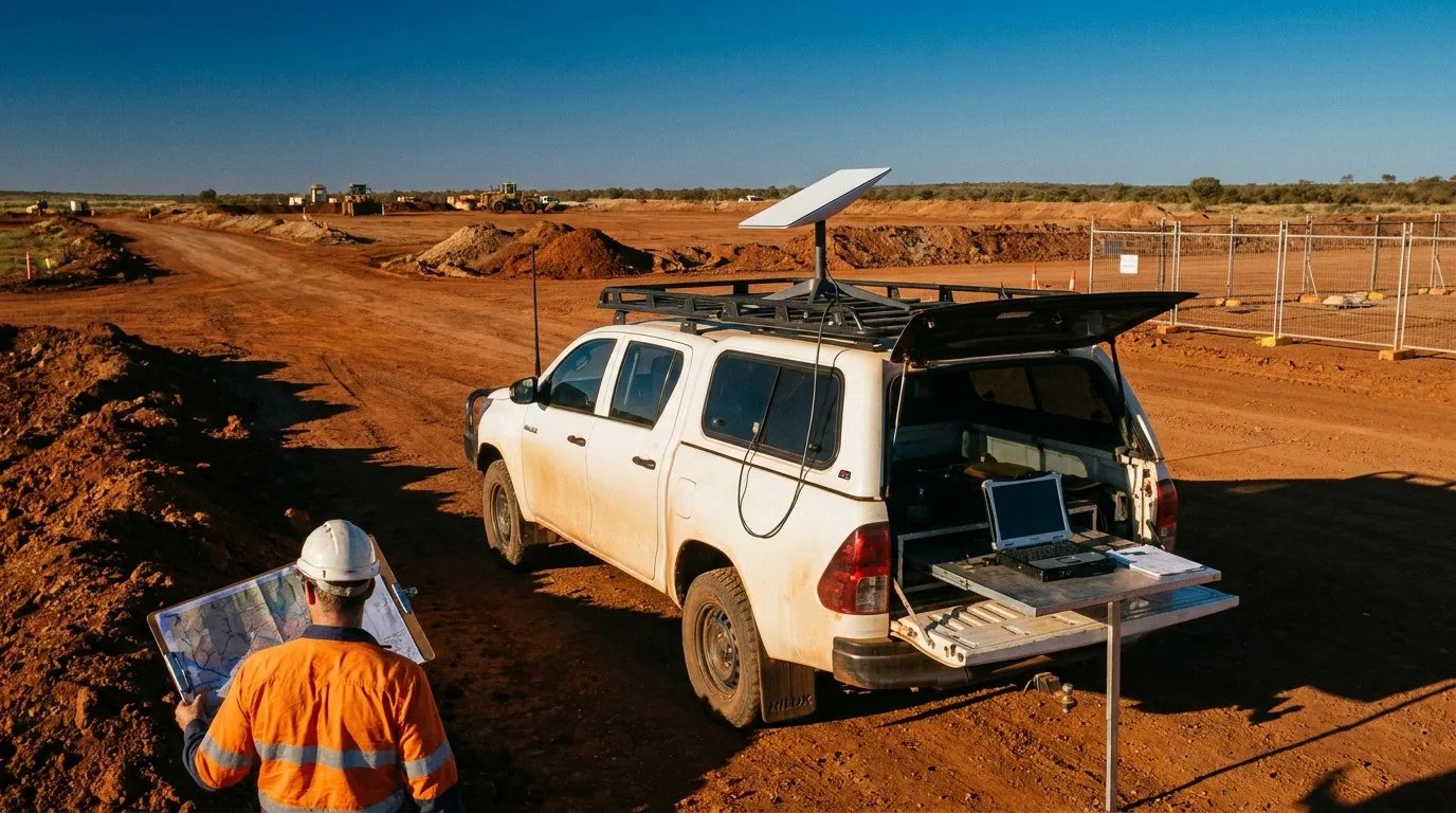 A heavy-duty civil construction site in regional Australia with massive red-earth mounds, a high-clearance utility truck parked nearby with a Starlink Mini mounted on its steel sports bar, and gnarled gum trees in the background under a clear outback sky