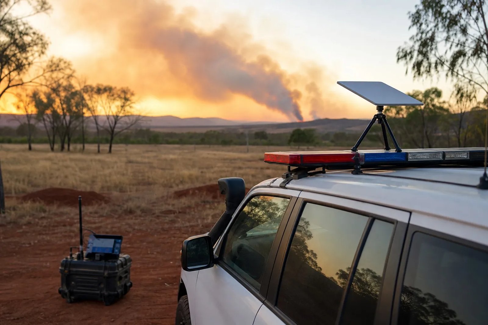 White Toyota LandCruiser 200 Series emergency response vehicle with red and blue roof light bar, Starlink Mini terminal on a bracket, comms case with antenna, bushfire smoke plume at golden hour