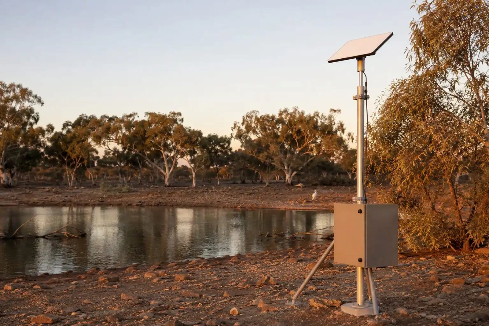 A Starlink Mini dish mounted on a monitoring mast beside a remote waterhole in the Australian outback at golden hour.
