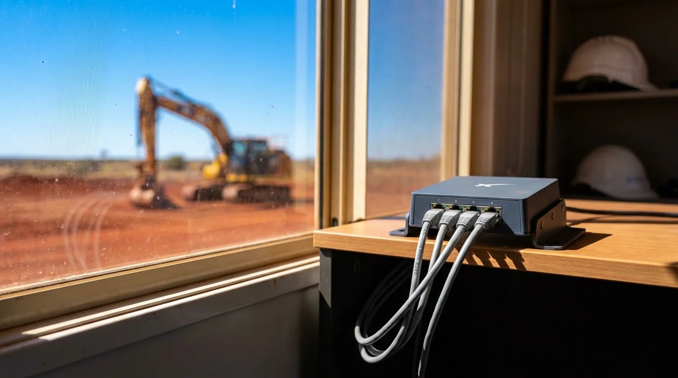 Professional 4-port Starlink Mini Ethernet adapter mounted in a site office with heavy-duty CAT6 cables connected.
