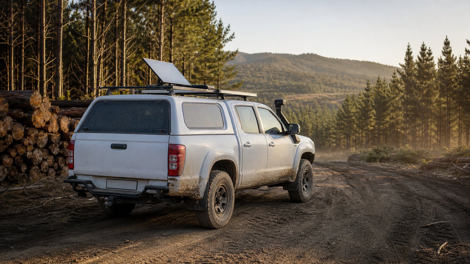 A debadged white ute with a canopy parked on a dirt track at an Australian pine plantation coupe, a compact flat-panel satellite terminal on its roof rack, and cut pine logs stacked alongside in early morning light.