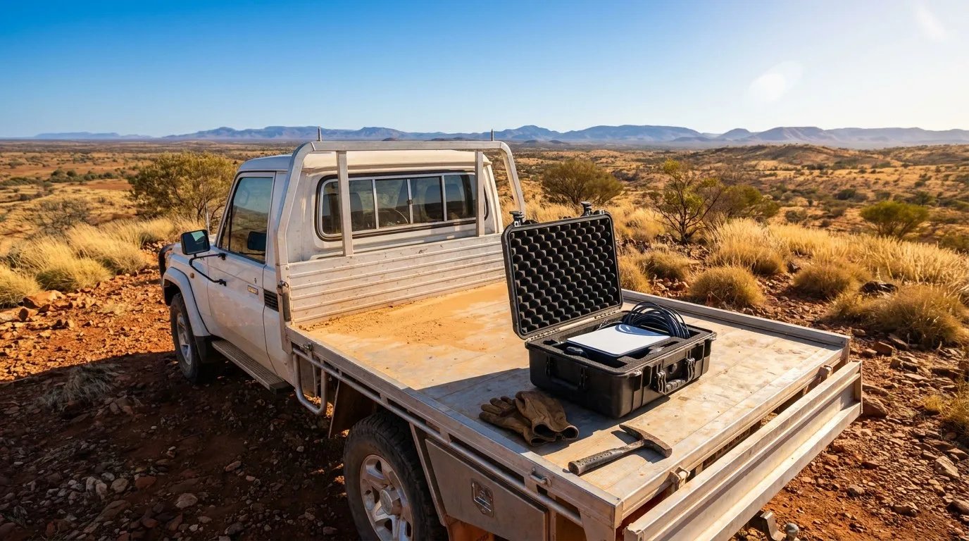 An open Starlink Mini Hard Protective Travel Case on the tailgate of a 70 Series ute in the Australian outback