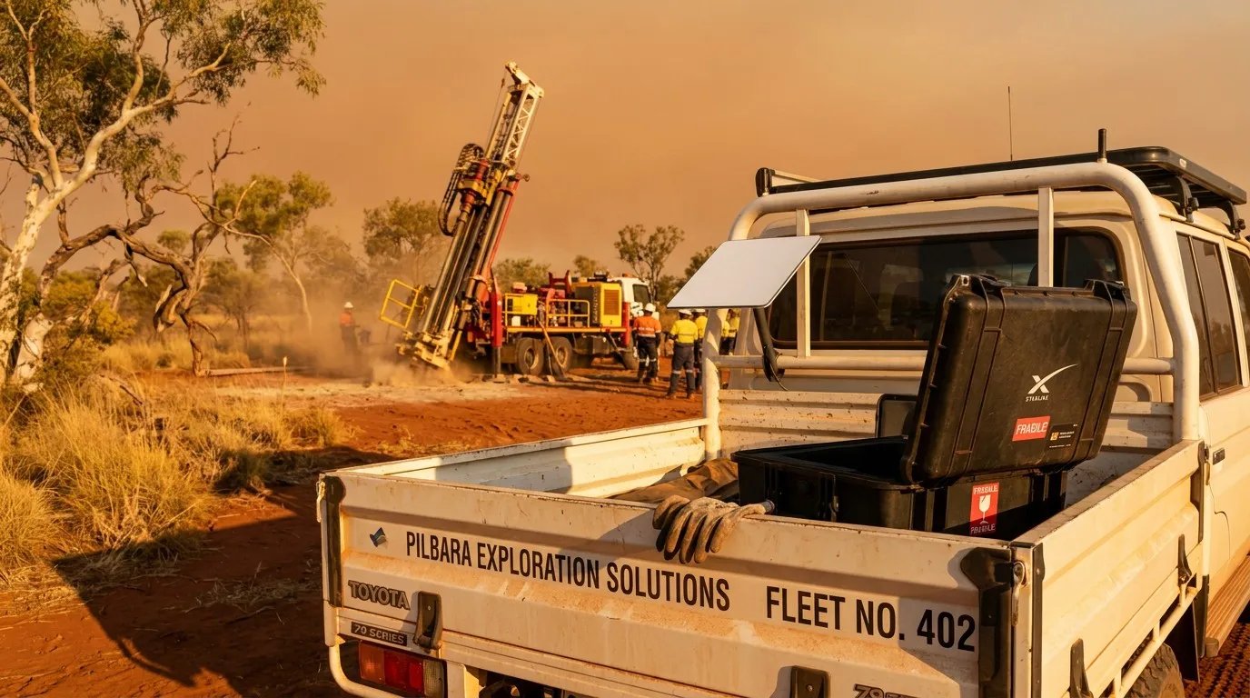 An active exploration drill rig in the Pilbara with a Starlink Mini mounted on a support ute in the foreground.
