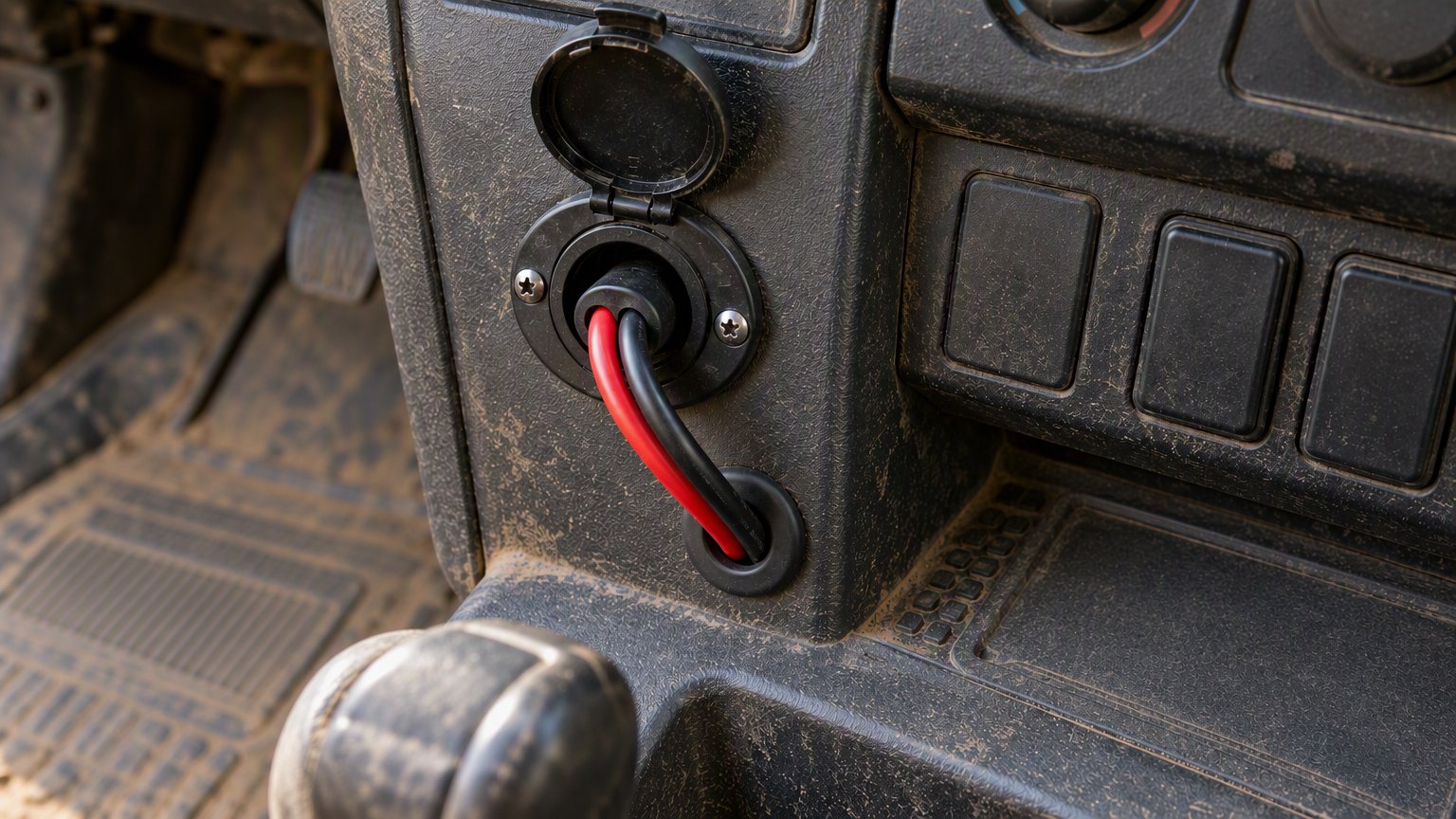 Hardwired DC power socket and heavy-gauge cable installed in the console of a dusty Australian work ute, with a flat satellite terminal mounted on the alloy tray behind, red bulldust and low eucalypt scrub beyond in late-afternoon light.