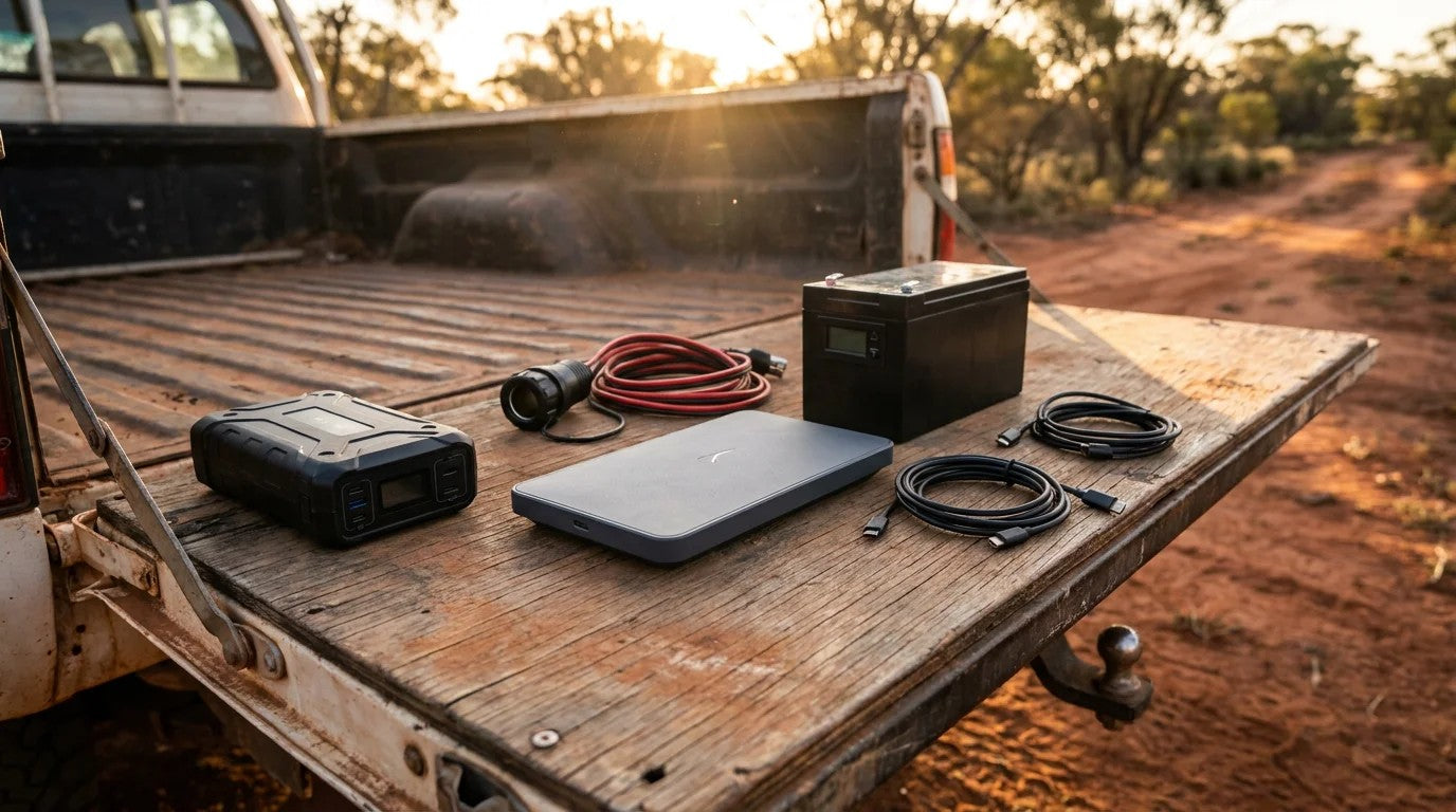 Starlink Mini sat dish on a weathered timber tray-back tailgate of an Australian 4WD ute, surrounded by a lithium power bank, 12V cigarette lighter cable, UPS battery box and two coiled USB-C PD cables, golden-hour outback light.