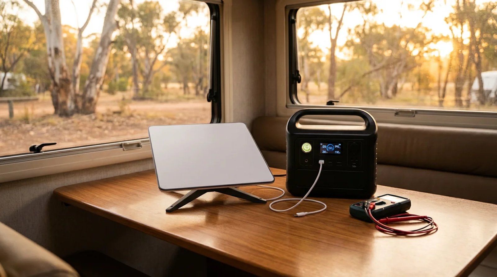 Starlink Mini connected to a portable lithium power station on a caravan dinette table at golden hour, multimeter beside them