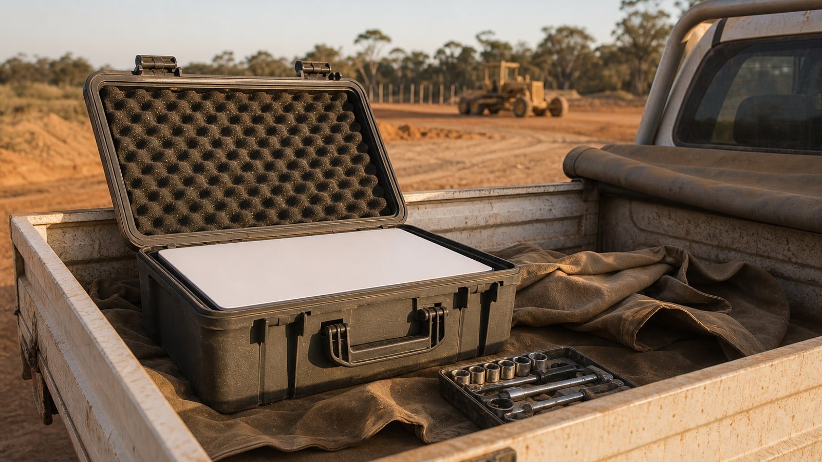 A Starlink Mini dish seated in an open hard protective travel case in the tray of a dusty ute on a remote Australian construction worksite at golden hour