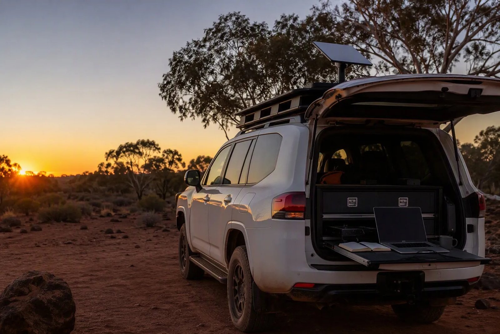A rugged 4WD vehicle set up as a professional mobile office at a remote Australian campsite at sunset, with a Starlink Mini mounted on the roof rack.