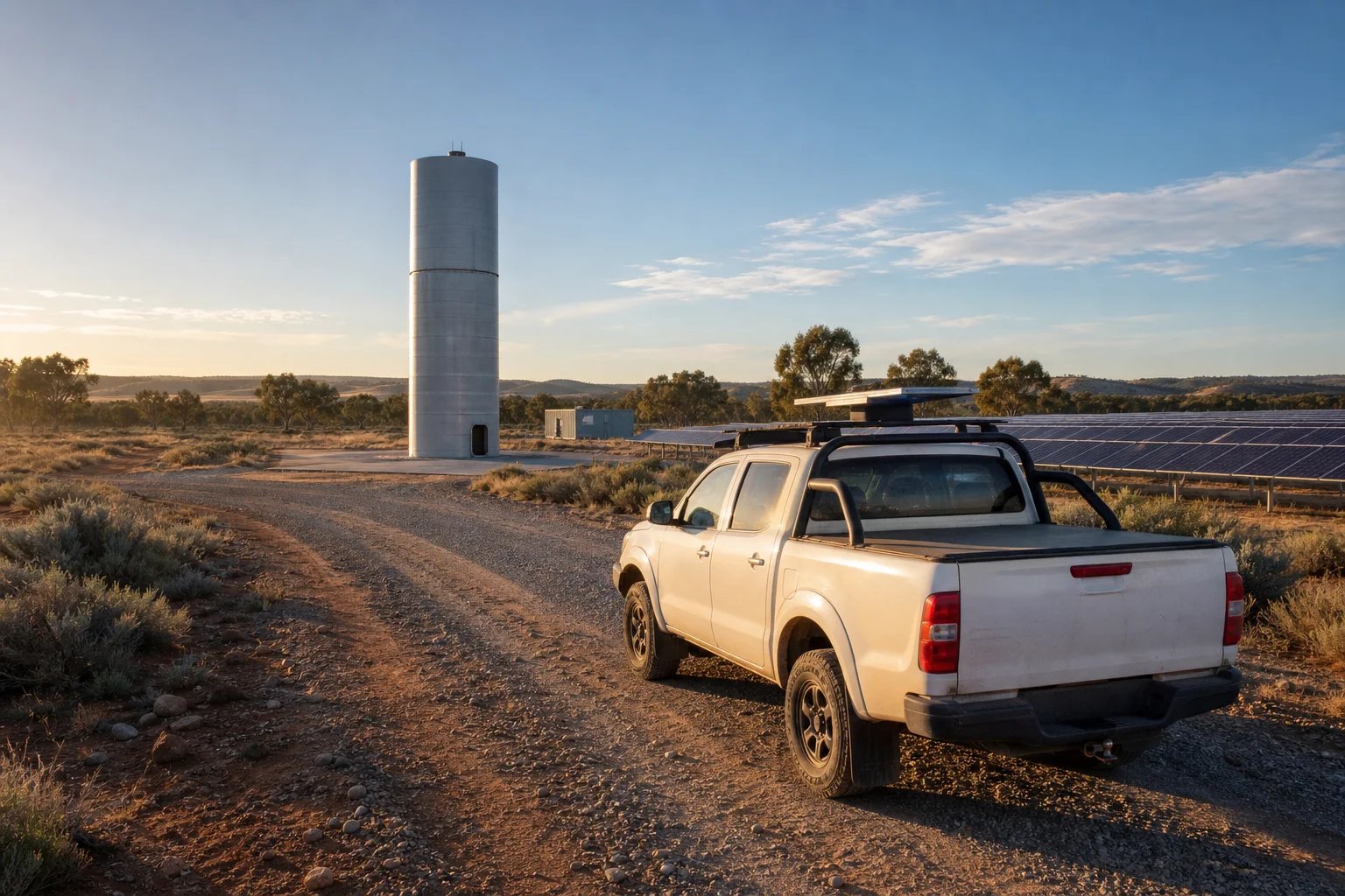 Renewable energy construction site at golden hour — a white ute on a gravel track with a compact flat satellite terminal on its roof rack, a turbine tower section on a crane pad and solar panel rows fading into eucalyptus country.