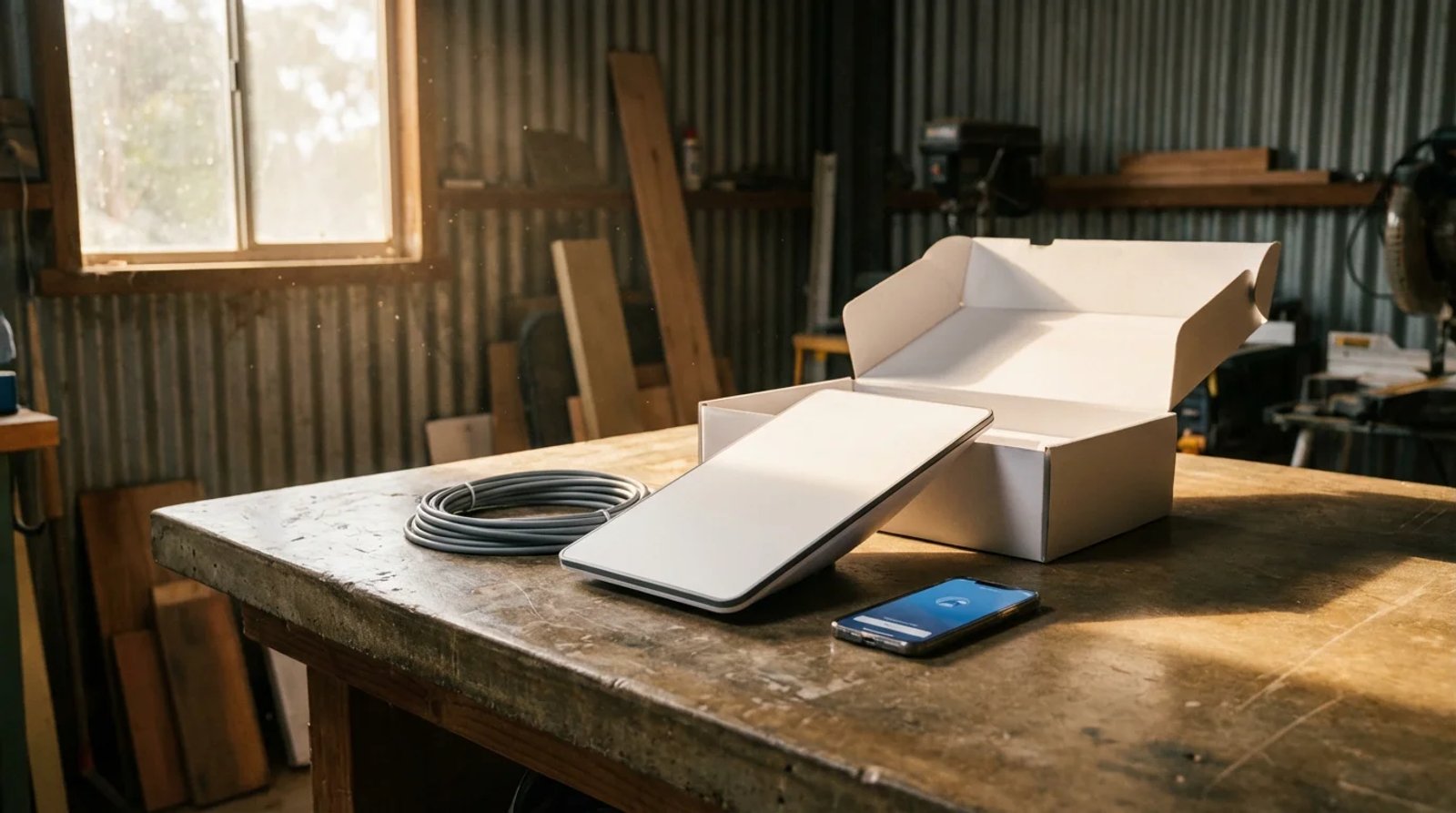 Starlink Mini freshly unboxed on a concrete workbench in an Australian shed with smartphone and coiled cable beside it