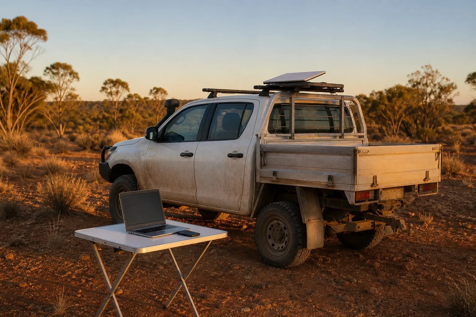 White dual-cab ute at a remote Australian outback worksite at golden hour with an ultra-compact Starlink Mini-sized flat satellite panel mounted low-profile on the roof rack, a fold-out table holding a laptop and smartphone, spinifex and eucalyptus around