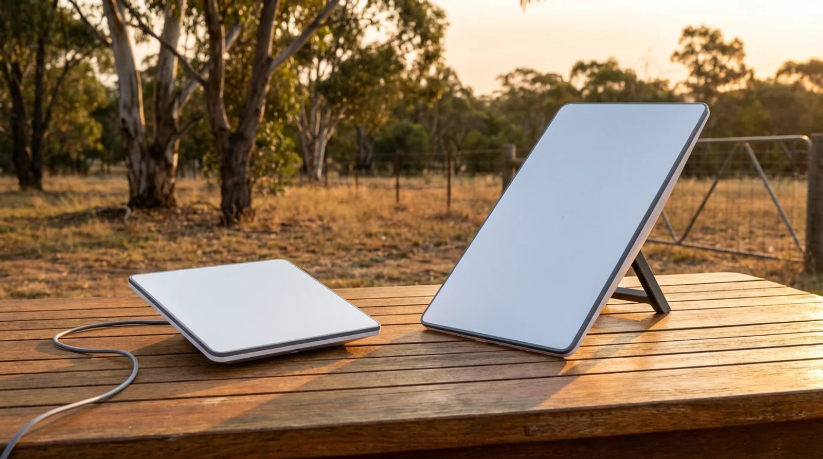 Starlink Mini and Starlink Standard Gen 3 dishes side by side on a wooden table at a rural Australian property at golden hour