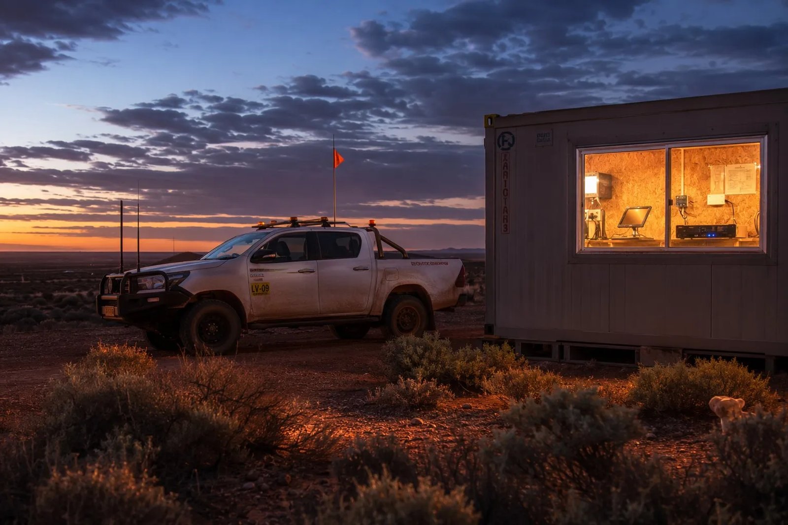 Australian remote mining site office at twilight with Starlink Mini and secured networking router