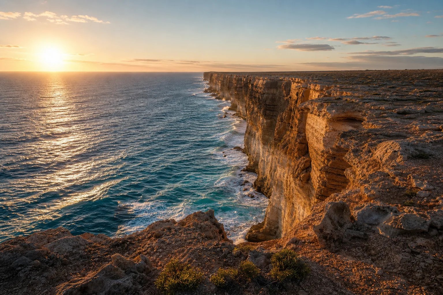 Golden-hour view along the weathered limestone cliffs of Steep Point, the westernmost tip of mainland Australia, where turquoise Indian Ocean water breaks white against the cliff base below low coastal heath in Shark Bay, Western Australia.