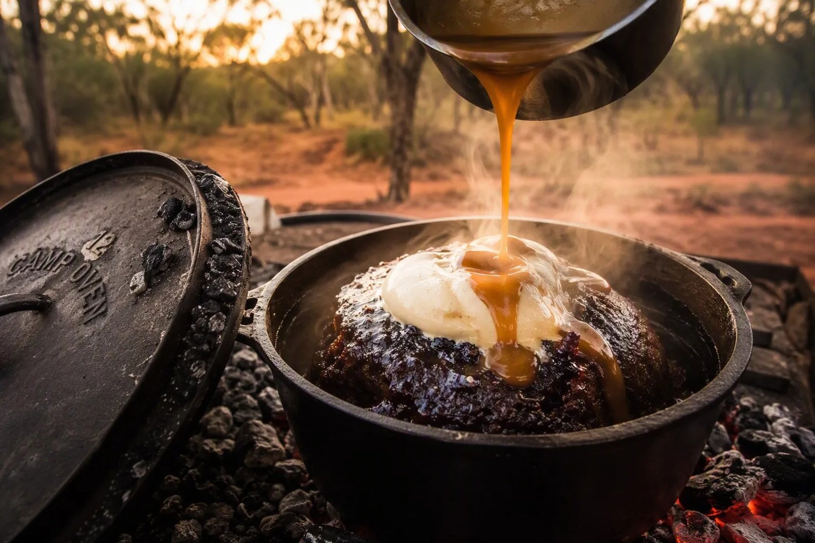Steaming sticky date pudding with warm toffee sauce being poured over it, served from an open cast-iron camp oven on a bed of glowing coals at an Australian winter campsite at golden hour.
