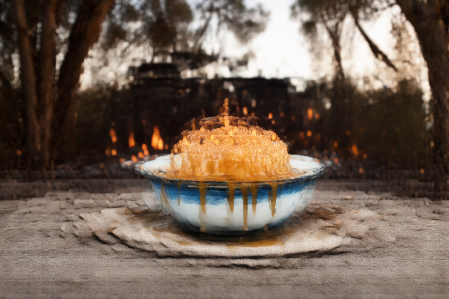 Sticky date pudding in an enamel camp bowl with butterscotch sauce beside a campfire in the Australian bush