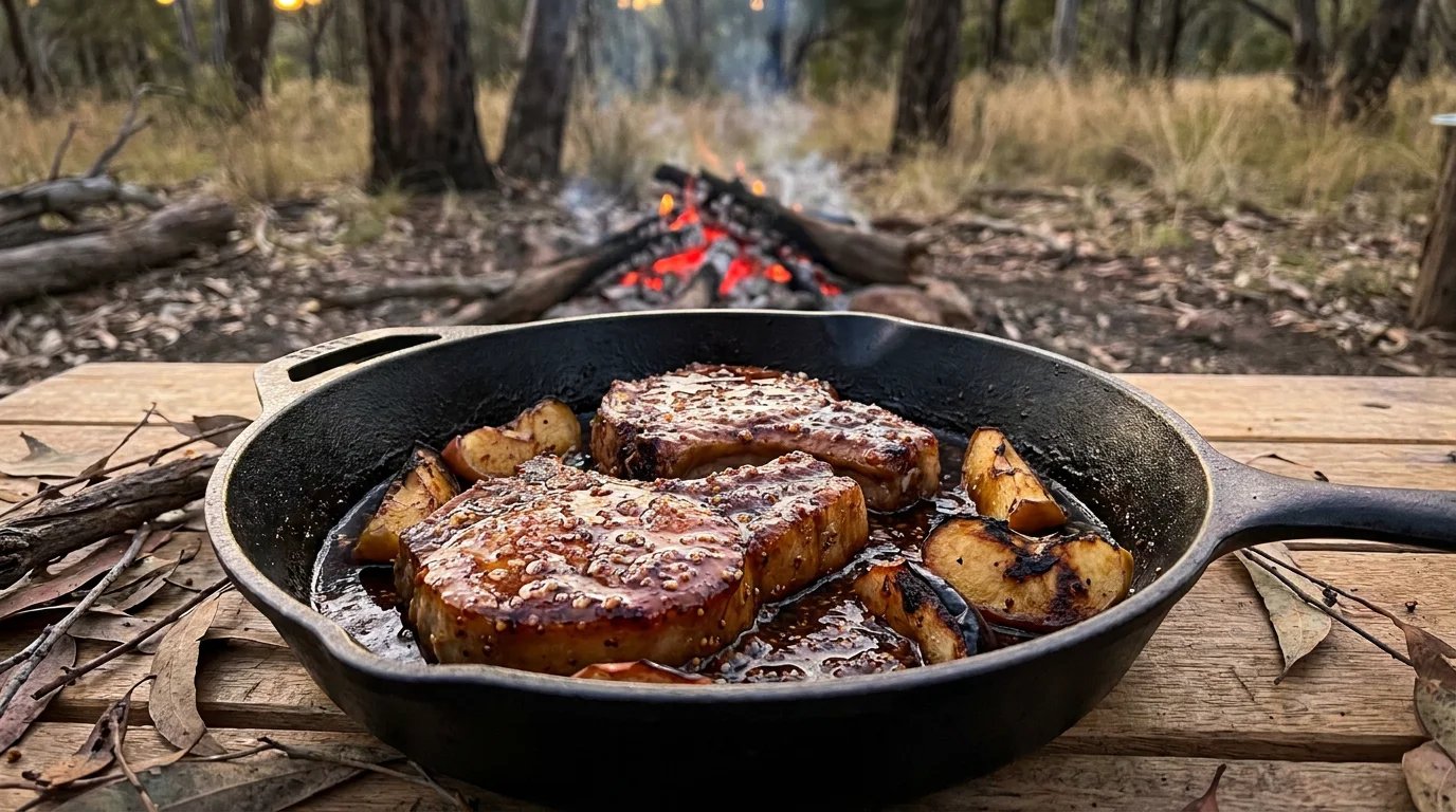 Thick bone-in pork chops and sweet charred apple wedges seared inside a seasoned black cast-iron skillet on a timber camp table at an Australian bush campsite.