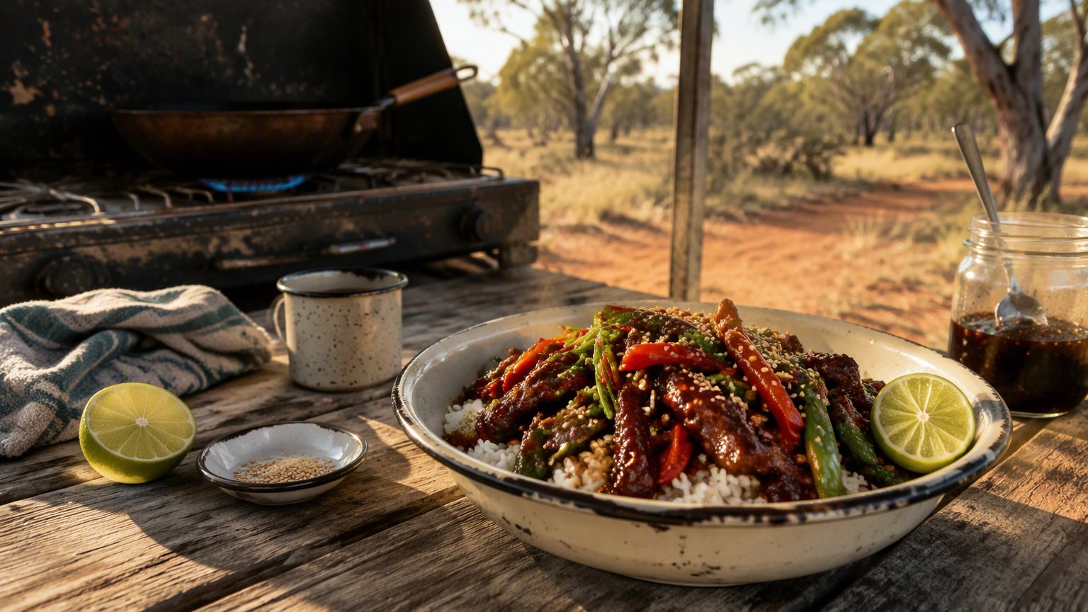 Glossy sticky Mongolian beef with red capsicum and snow peas over jasmine rice in an enamel camp bowl, lime alongside, a two-burner camp stove on a weathered timber table, red dirt and eucalypts in golden-hour light.