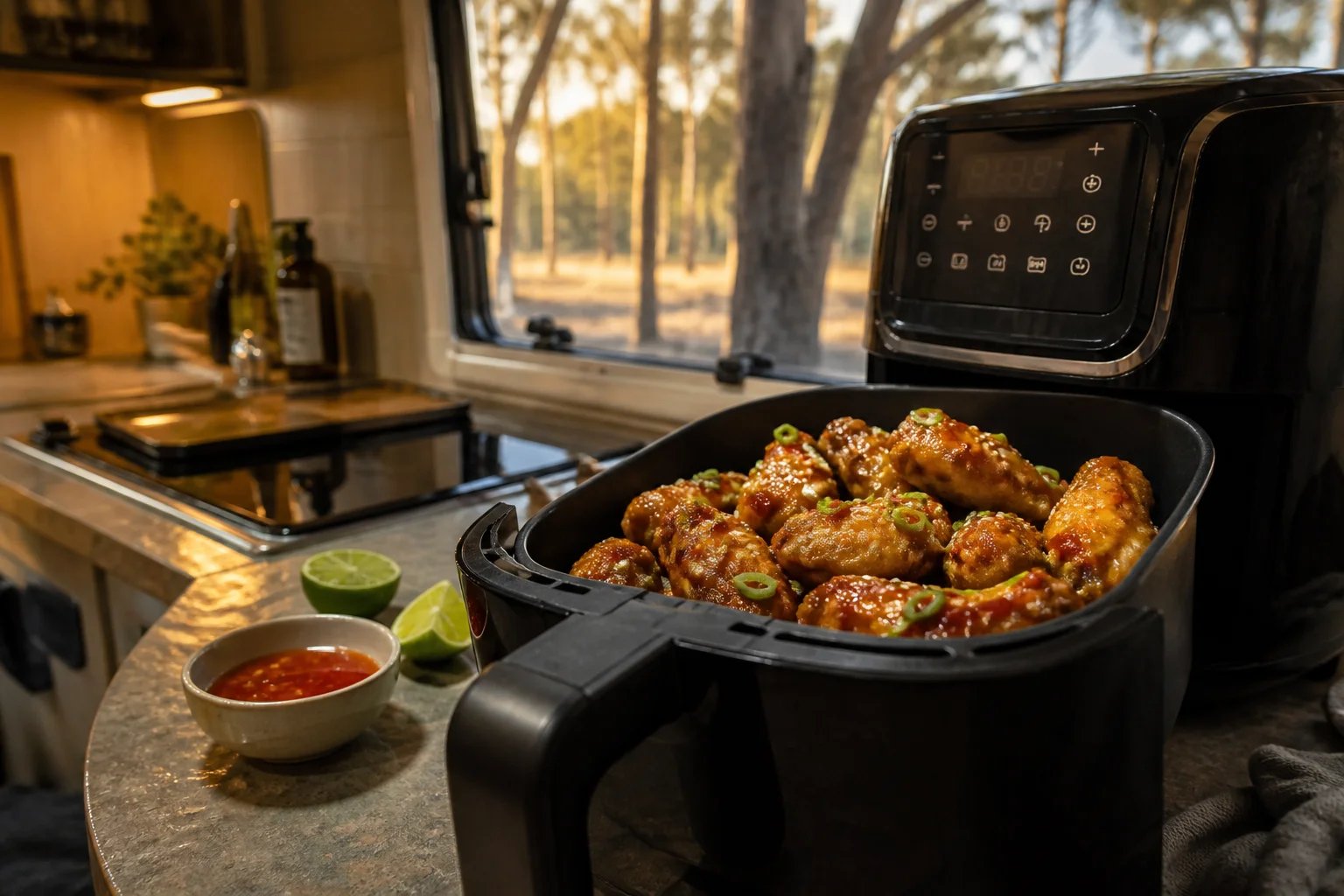 Golden sticky sweet chilli chicken wings glazed and sesame-sprinkled in an open air-fryer basket on a caravan benchtop, lime wedges and dipping sauce beside, eucalyptus trees in warm evening light through the window