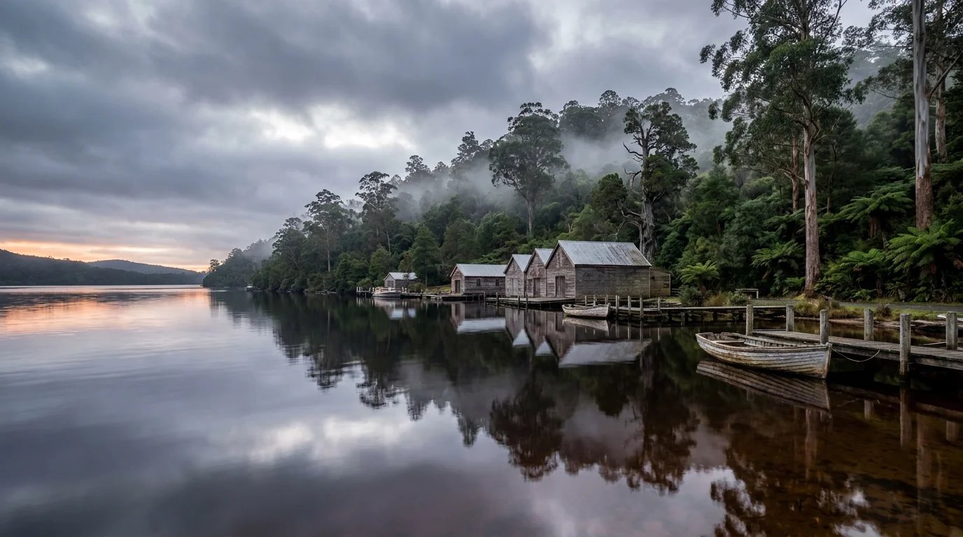 Misty winter sunrise over Strahan harbor and historic timber sheds, Tasmania