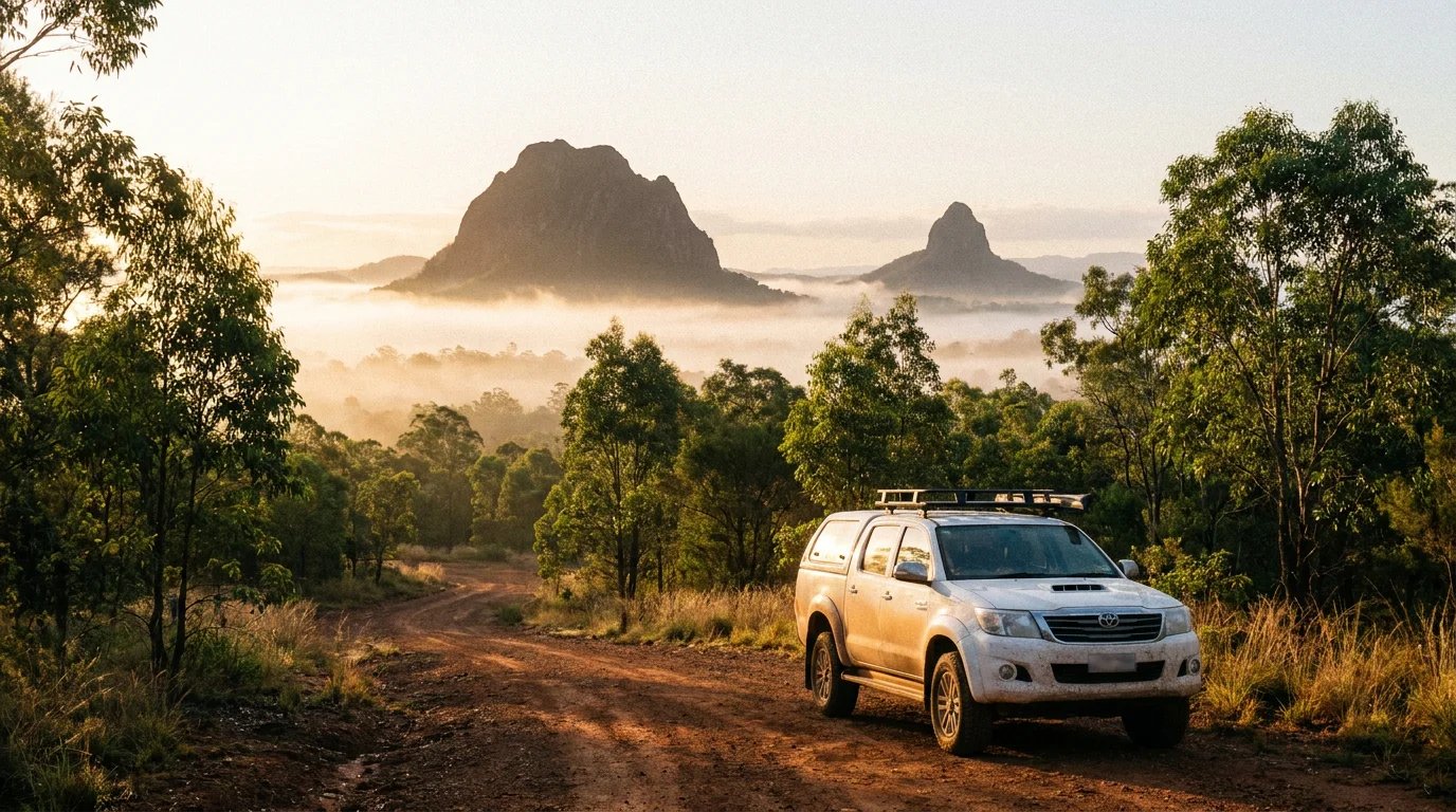 A white modern 4WD vehicle parked on a dirt track overlooking the misty Glass House Mountains at sunrise in Queensland.