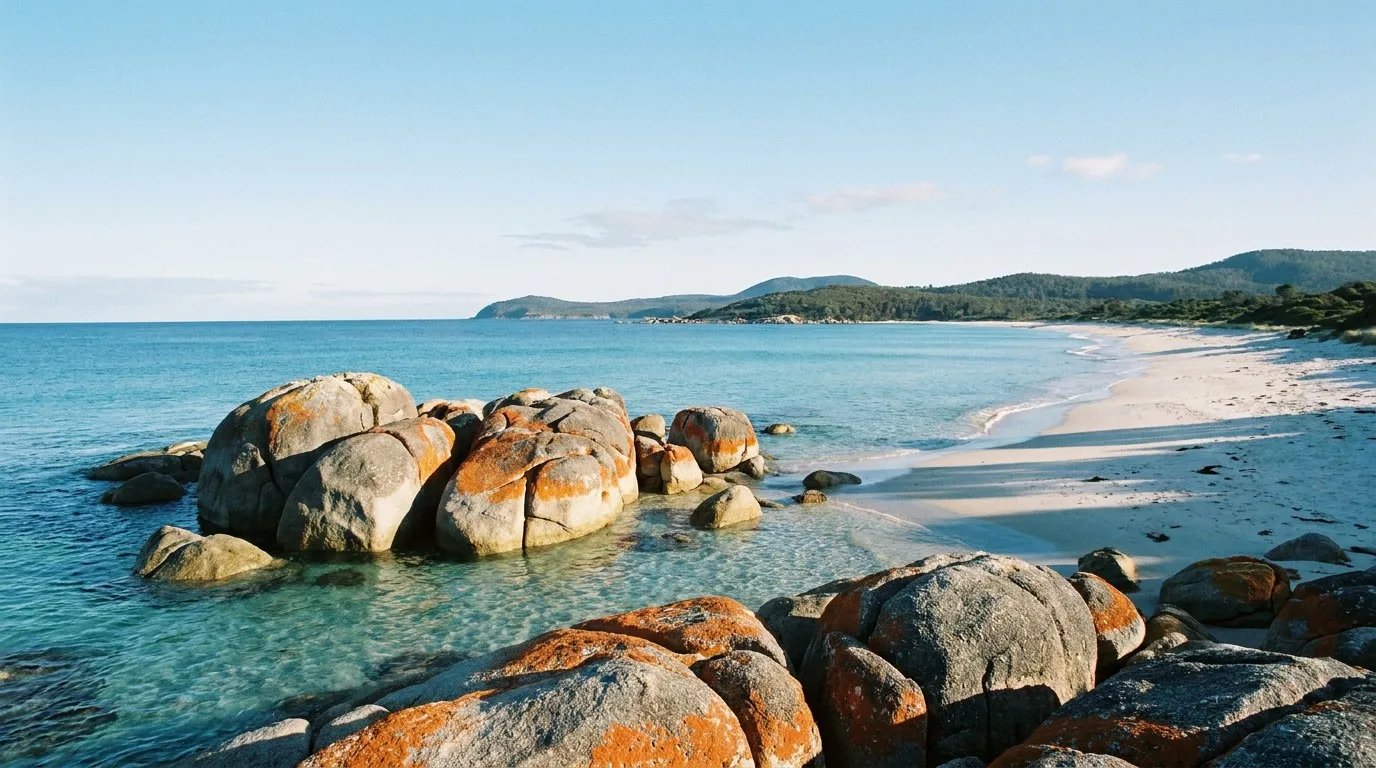 Breathtaking landscape view of the orange lichen-covered granite boulders, powdery white sand beach, and crystal-clear turquoise water of the Bay of Fires in Tasmania on a crisp winter morning