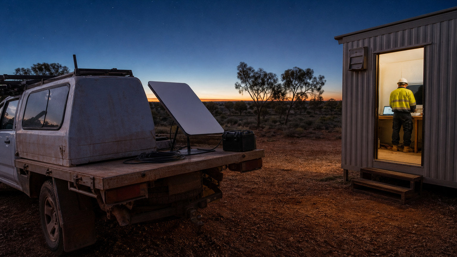 Satellite terminal on the tray of a dusty ute at dusk beside a demountable site office, worker in high-vis at a laptop inside.